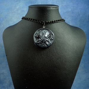 Antique Silver Small Cthulhu Cameo Necklace with Chain, Polymer Clay Fashion Jewelry