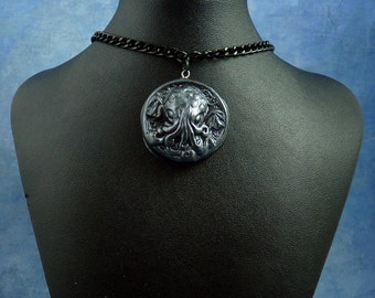 Antique Silver Small Cthulhu Cameo Necklace with Chain, Polymer Clay Fashion Jewelry