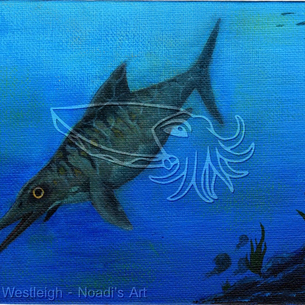 Opthalmasaurus, 8x6 Original Prehistoric Ichthyosaur Painting on Canvas Board