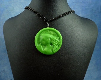 Bright Green Cthulhu Cameo Necklace with Chain, Polymer Clay Lovecraft Jewelry