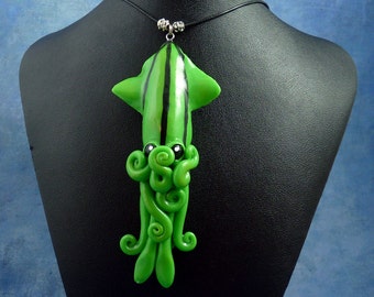 Green Squid Necklace, Handmade Polymer Clay Jewelry