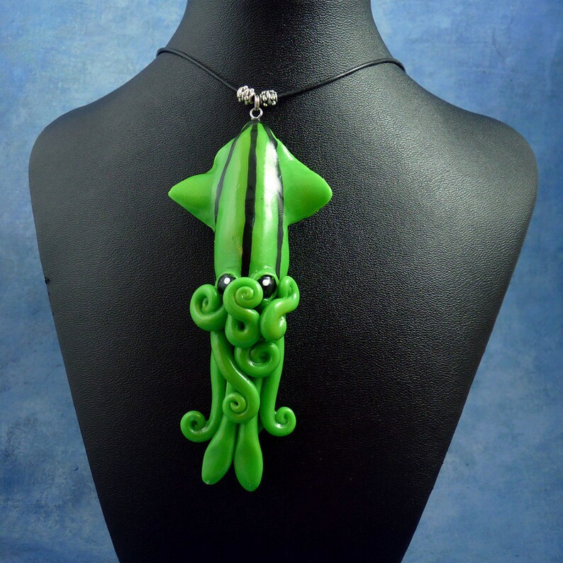 Green Squid Necklace, Handmade Polymer Clay Jewelry image 1