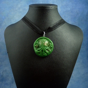 Green Small Cthulhu Cameo Necklace, Polymer Clay Lovecraft Jewelry