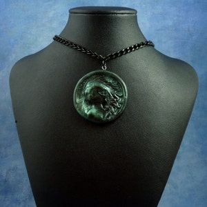 Dark Green Cthulhu Cameo Necklace with Chain, Polymer Clay Jewelry
