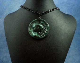 Dark Green Cthulhu Cameo Necklace with Chain, Polymer Clay Jewelry