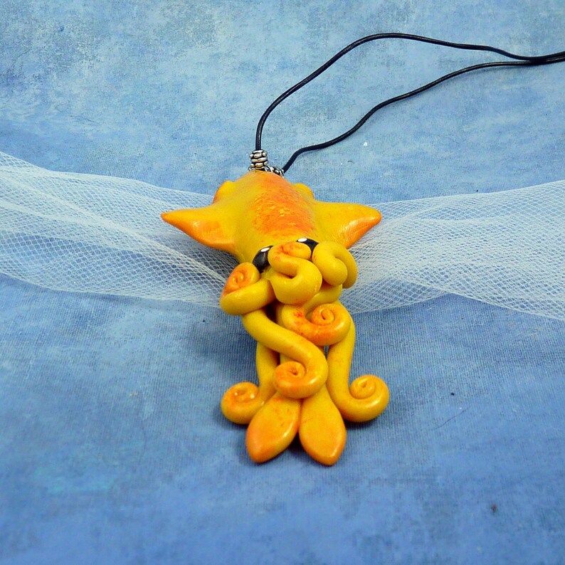 Solar Flare Squid Necklace, Bright Yellow Polymer Clay Squid Pendant image 4