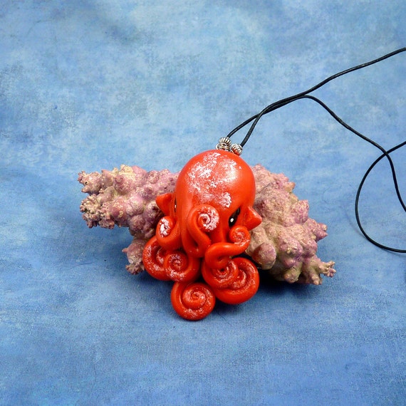 Red Octopus Necklace Handmade Polymer Clay Sea Life Jewelry Etsy