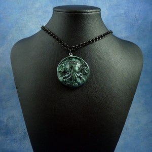 Dark Green Small Cthulhu Cameo Necklace with Chain, Polymer Clay Fashion Jewelry