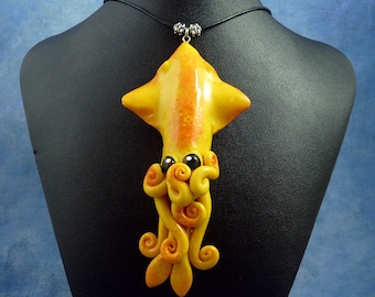 Solar Flare Squid Necklace, Bright Yellow Polymer Clay Squid Pendant