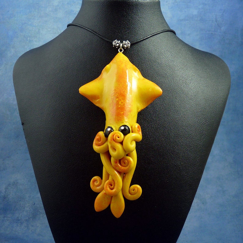 Solar Flare Squid Necklace, Bright Yellow Polymer Clay Squid Pendant image 1