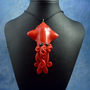 Crimson Squid Necklace, Deep Red Polymer Clay Cephalopod Jewelry
