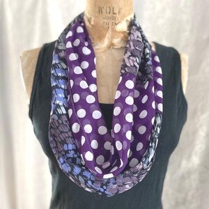 INFINITY Scarf, Purple Dots and abstract print. Semi Sheer Chiffon Polyester Made in USA.