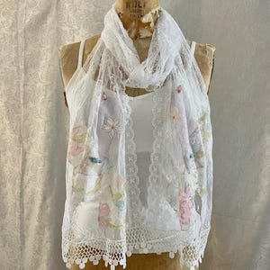 Long White Lace Scarf, pink, blue and light green laces, appliques and  rosebuds.