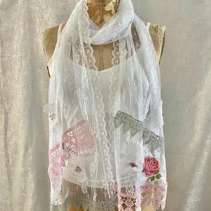 Long White Lace Scarf/Shawl, Pink and light green laces, appliques and  rosebuds.