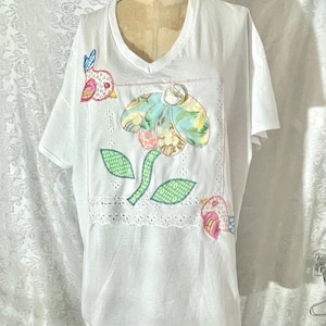 T Shirt, Applique Flower & Birds. Vintage Fabric and Vintage Eyelet. Shabby Chic, Womens  White V Neck, Sz  2XLarge.