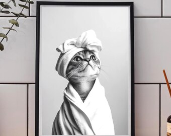 Funny Bathroom Wall Art, Cat in Bath Towel Print, Fun Washroom Decor, Black and White (Digital Download)