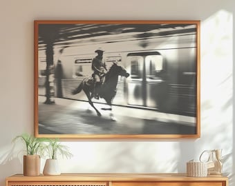 Vintage New York City Cowboy Subway Poster Print: Black & White Western NYC Art Decor
