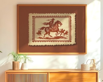 Vintage Cowboy on Horseback Wall Print, Rustic Mexico Stamp Artwork, Traditional Earthy Tones, Vintage Inspired Western Poster Print