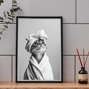 Adorable Cat in Bath Towel Black & White Wall Art Print, Bathroom Decor Cat Lover Gift, Cute Cat Wall Art, Fun Cat Digital Download, Cat Art