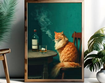Stämningsfullt orange kattkonsttryck: Whisky och cigarett, mörk katthumor (digital nedladdning)