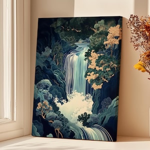Hokusai Ukiyo-e Waterfall Framed Canvas Print, Japanese Landscape Wall Art