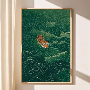 Vintage Japanese Tiger Swimming Print, Ukiyo-e Asian Art (Digital Download), Emerald Green Tones