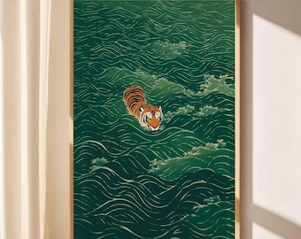 Lámina vintage japonesa de un tigre nadando, arte asiático Ukiyo-e (descarga digital), tonos verde esmeralda