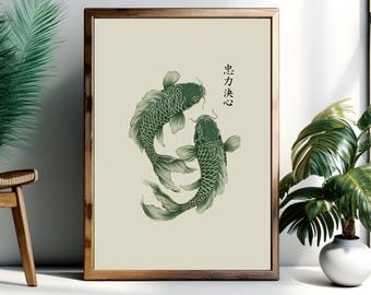 Vintage print van een smaragdgroene koivis: minimalistische Japanse zenkunst (digitale download)