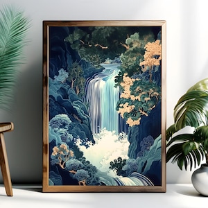 Hokusai Waterfall Print, Ukiyo-e Japanese Wall Art, Vintage Asian Decor