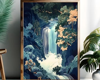 Hokusai-watervalprint, Japanse muurkunst ukiyo-e, vintage Aziatisch decor