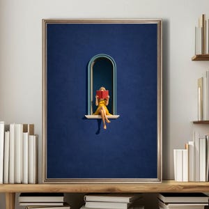 Woman Reading Print, Dark Blue Window Nook Portrait, Book Lover Dopamine Decor