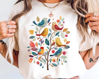Scandinavian Bird and Flower T-Shirt, Cottagecore Tee