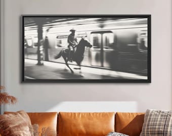 New York Subway Cowboy Framed Print: Large Oversized Black and White Vintage Western Art, Cinematic NYC Artwork