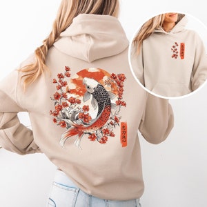 Japanese Koi Fish Hoodie Gift, Vintage Asian Art Hooded Sweater, Tokyo Style Oversized Streetwear, Koi Fish Back Print Hoodie, Kanji Letters