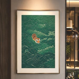 This stunning example of vintage Japanese wall art is available as both a poster print on matte paper or as a canvas wrap print mounted on a pine frame. The minimalist Asian artwork features a Japanese tiger swimming in a beautiful emerald green sea. This unique Japanese wall art decor item adds character and culture to any living space, office, restaurant or bar.