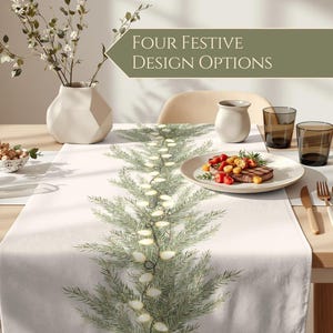 Christmas Table Runner: Modern Holiday Table Linen Dining Decor with Green Boughs Pattern