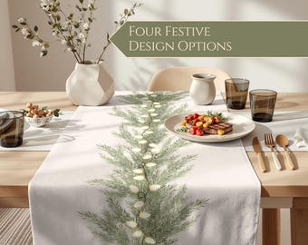 Christmas Table Runner: Modern Holiday Table Linen Dining Decor with Green Boughs Pattern