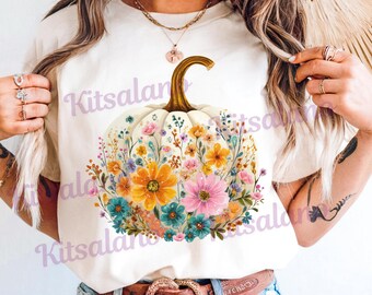 Floral Pumpkin Fall png Download, Boho Floral Fall Pumpkin, Botanical Fall png, Retro Autumn Flower Sublimation png, Cottagecore Pumpkin png
