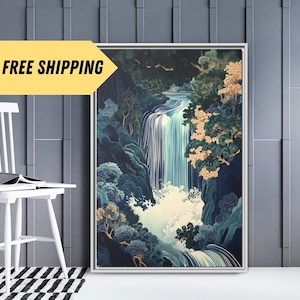 Hokusai Ukiyo-e Japanese Waterfall Wall Art Print, Asian Wall Art Poster Print, Housewarming Gift, Japanese Framed Canvas, New Home Wall Art