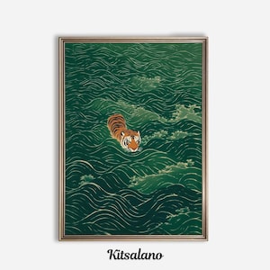This stunning example of vintage Japanese wall art is available as both a poster print on matte paper or as a canvas wrap print mounted on a pine frame. The minimalist Asian artwork features a Japanese tiger swimming in a beautiful emerald green sea. This unique Japanese wall art decor item adds character and culture to any living space, office, restaurant or bar.