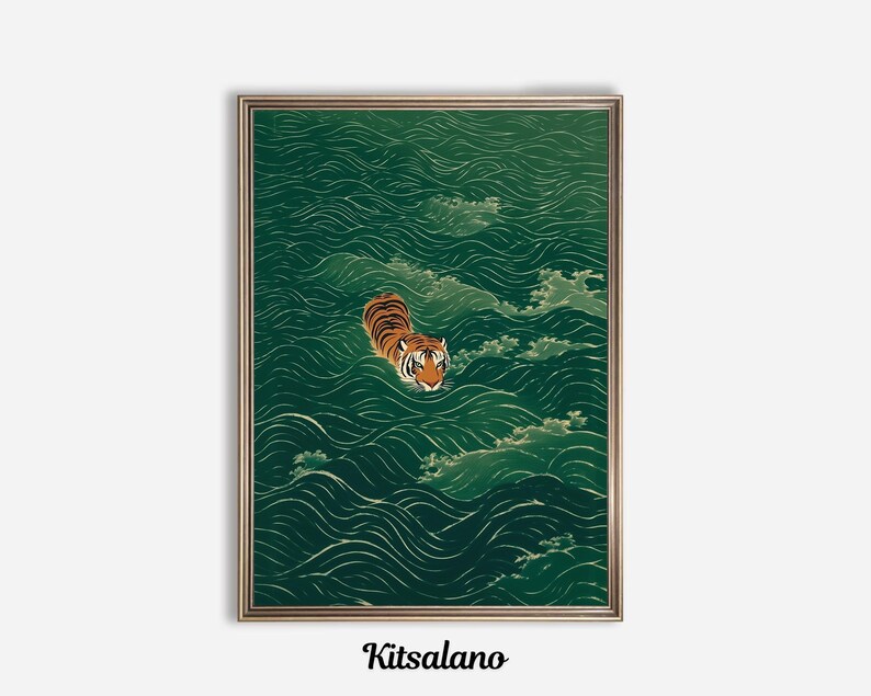 This stunning example of vintage Japanese wall art is available as both a poster print on matte paper or as a canvas wrap print mounted on a pine frame. The minimalist Asian artwork features a Japanese tiger swimming in a beautiful emerald green sea. This unique Japanese wall art decor item adds character and culture to any living space, office, restaurant or bar.