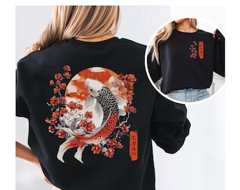 Japanese Koi Fish Sweatshirt, Vintage Asian Art Back Print