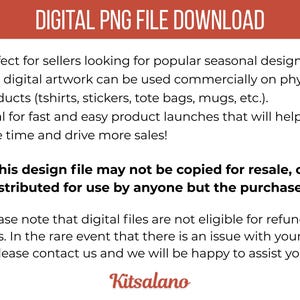 May include: A digital PNG file download with text in a white font on a red-orange background. The text includes information about commercial use, product launches, and a copyright notice. The Kitsalano logo is at the bottom.