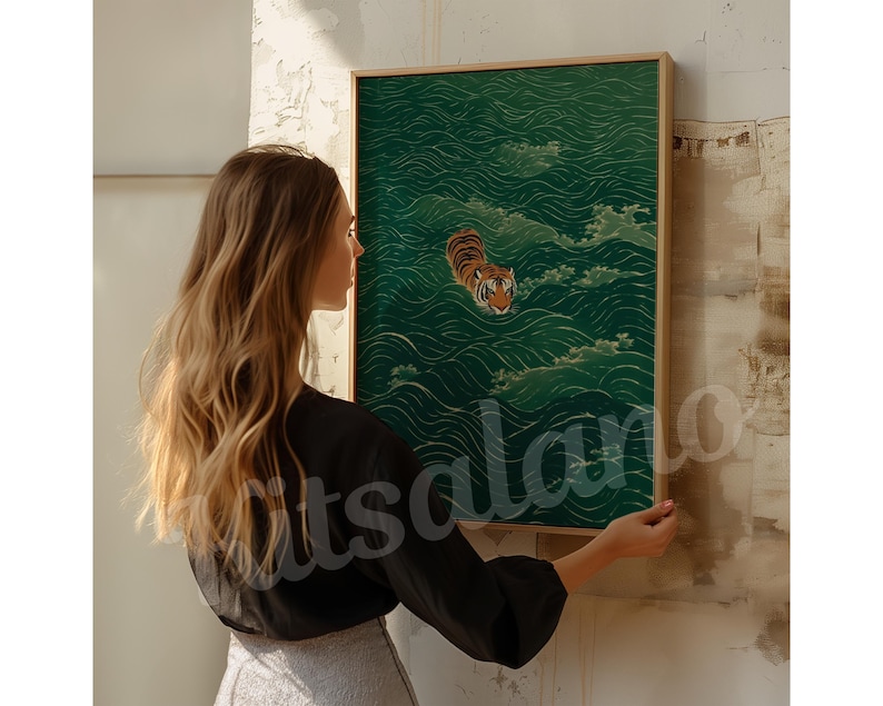 Vintage Japanese Tiger Poster Print & Framed Canvas Wrap: Vintage Minimalist Asian Inspired Zen Wall Decor, Japandi Art afbeelding 10