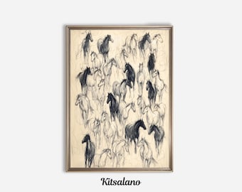 Wild Horses Sketch Printable Art | Vintage Equestrian Drawing Digital Download | Minimalist Western Line Art Print| Horse Portrait