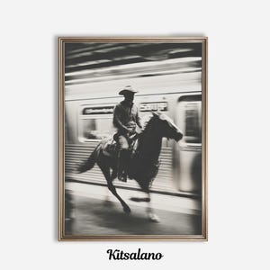 This bold Cowboy Art Print captures a unique fusion: a rugged cowboy aesthetic set against the backdrop of classic NYC subway style. It’s the perfect conversation piece for anyone who loves vintage city photography, western vibes, or eclectic decor.