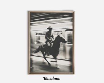 Vintage NYC Cowboy Subway Poster Wall Art: Black and White Western New York City Print, Urban Cowboy Art Print, Printable Digital Download