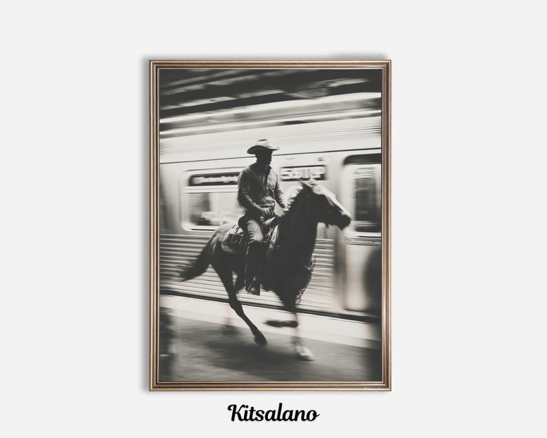 This bold Cowboy Art Print captures a unique fusion: a rugged cowboy aesthetic set against the backdrop of classic NYC subway style. It’s the perfect conversation piece for anyone who loves vintage city photography, western vibes, or eclectic decor.