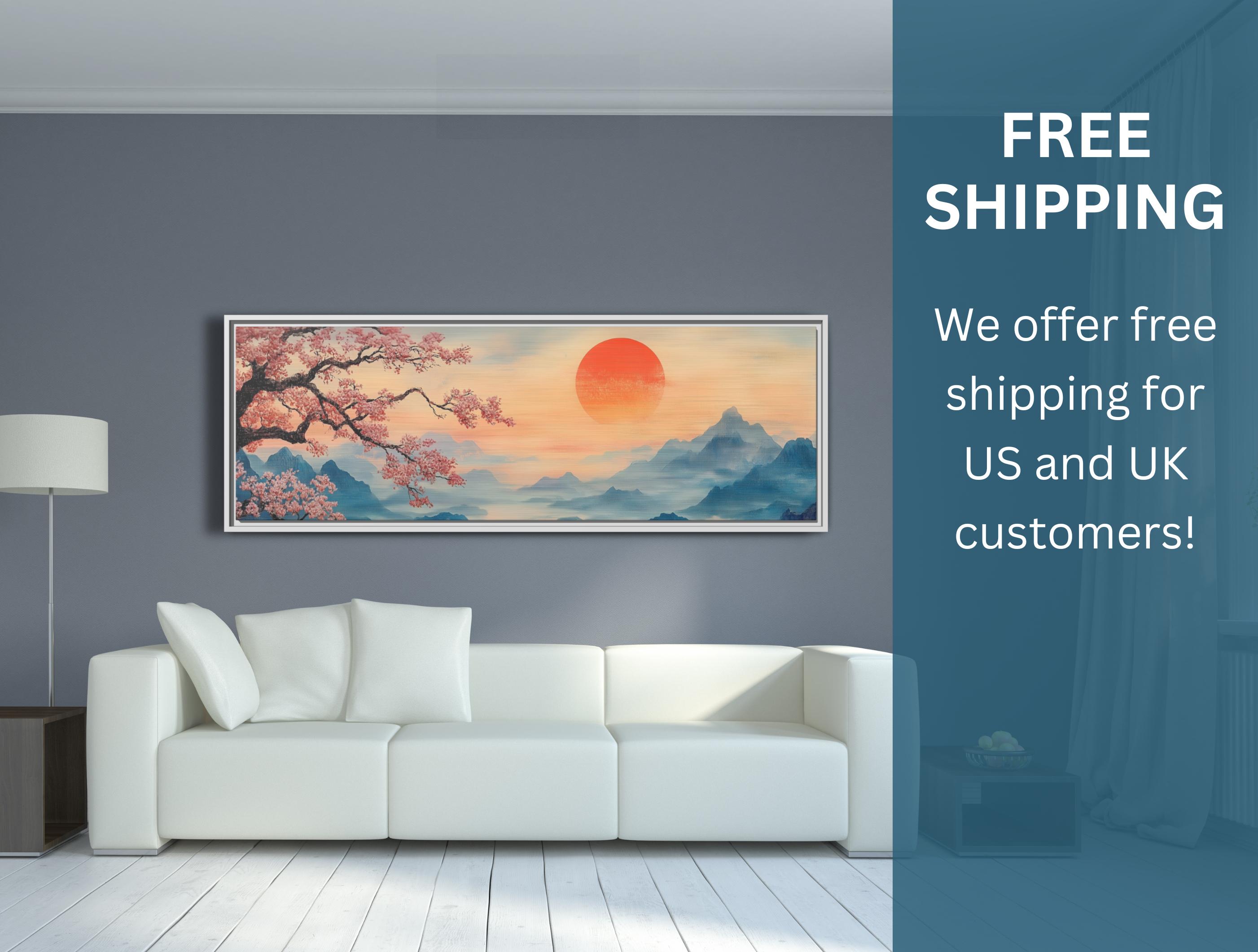 Japanese Sunset Framed Canvas Print, Cherry Blossom Mountain Art - Etsy
