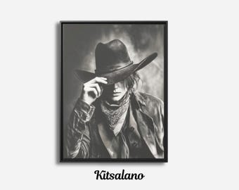 Vintage Cowgirl Framed Canvas Print: Rustic Black & White Farmhouse Western Bar and Wild West Cowboy Art